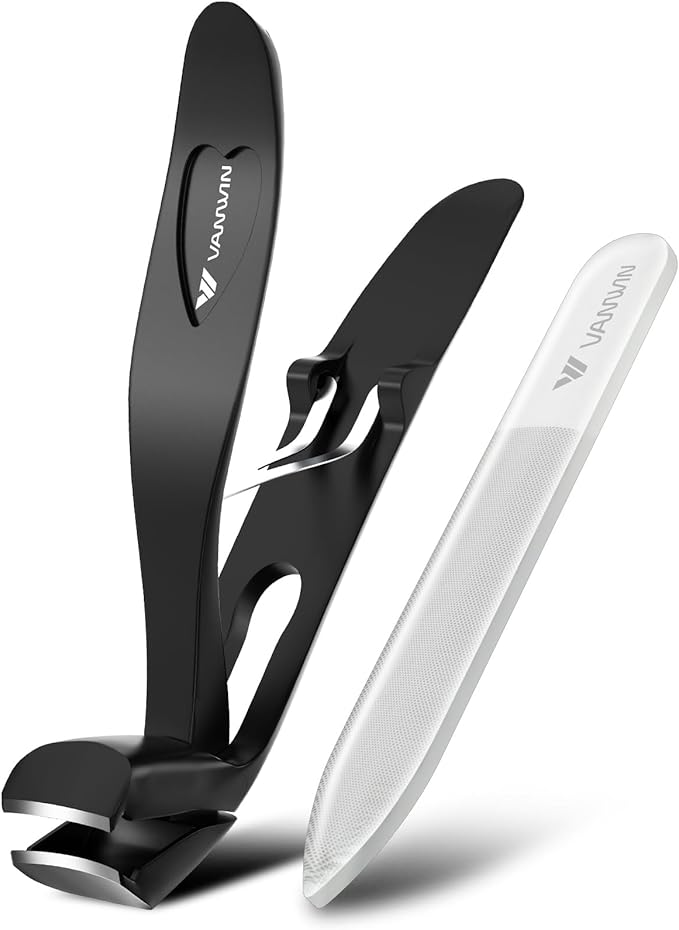 Angled Head Nail Clippers for Seniors, Ergonomic Toenail Clippers for Thick Nails with Wide Jaw Opening, Premium Steel Nail Cutter Nail Clippers with Catcher for Men and Women Black