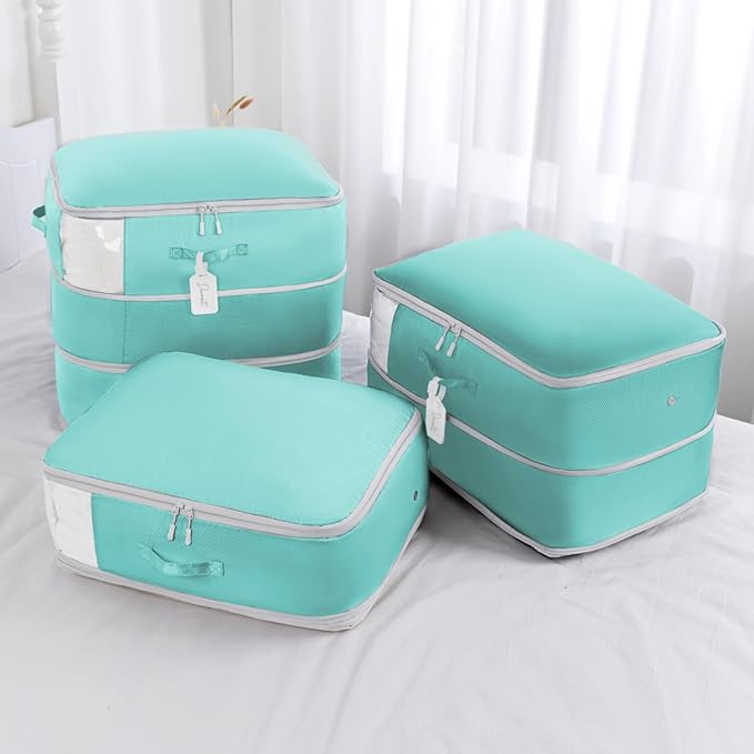 Comforter Storage Bag - Large Capacity Blanket Storage Bags 3-Layer Ultra Space Saving Self Compression Organizer, Washable Compression Bags for Storage Comforter Blanket, 2-Pack, Blue