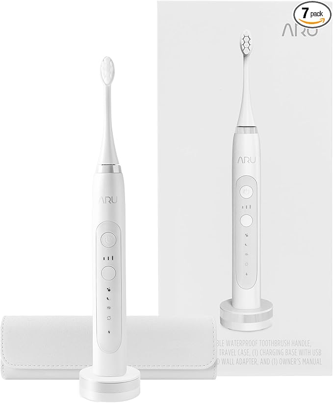 ARU Sonic Toothbrush Starter Kit with Customizable Modes and 2 Minute Timer, ADA-Approved Electric Toothbrush for Adults, Soft Toothbrush for Gums, 45+ Days Battery, Travel Case, Arctic White