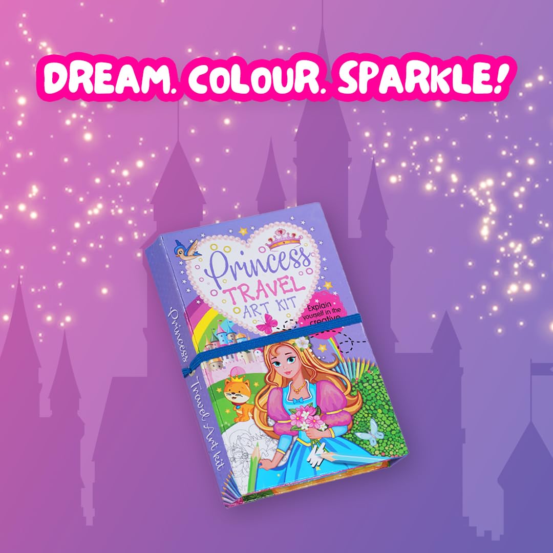 FIRSTJIGGLE First Jiggle Colouring and Sticker Princess Travel Art Kit | Includes Coloring Pad, Sticker Sheets & Color Pencils | Fun Travel Activity for Kids | Gift for Girls Ages 3-8