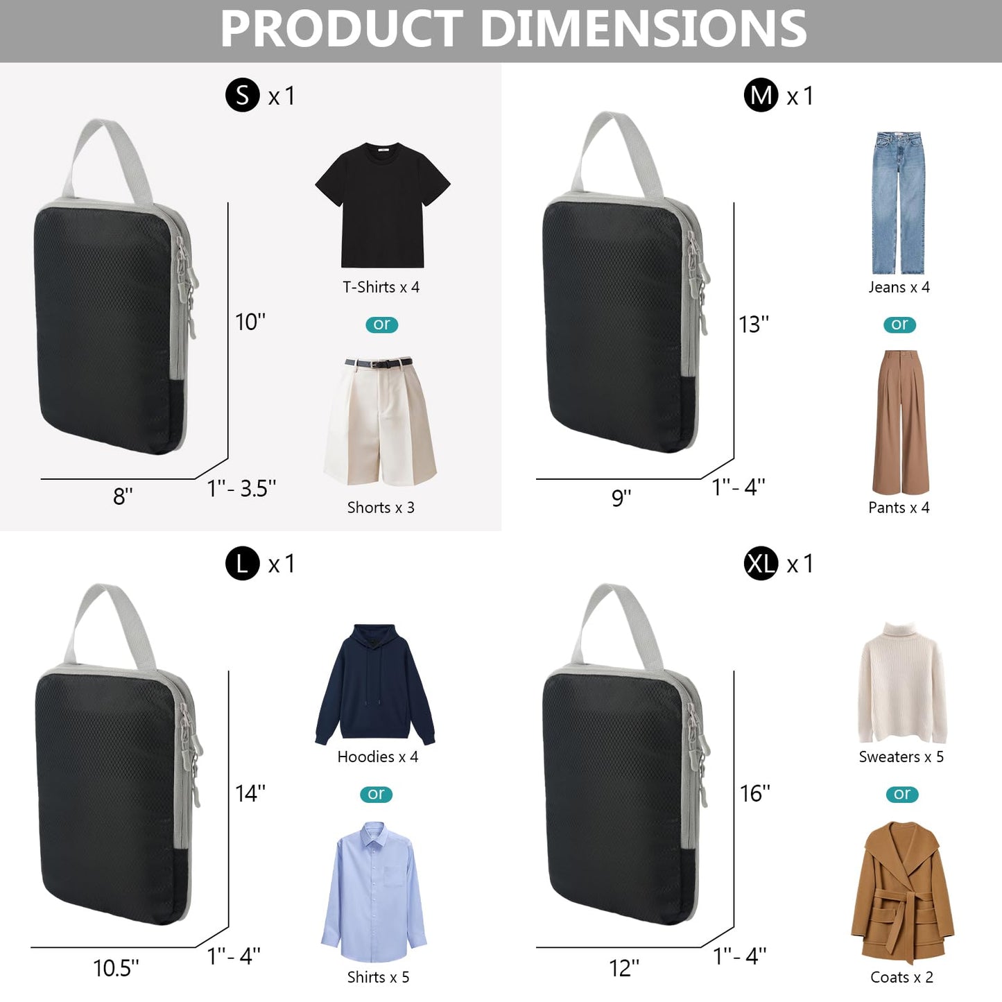 Compression Packing Cubes for Travel, 4 Set Suitcase Organizer Bags for Luggage, Lightweight Luggage Organizer Bags, Travel Cubes for Carry on，Black