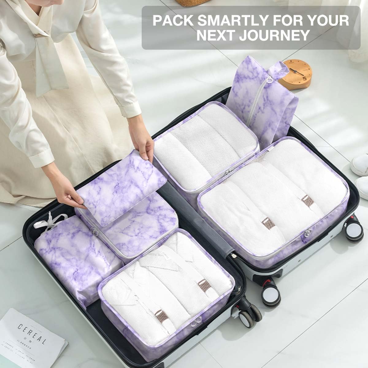 8 Set Packing Cubes for Suitcases,Packing Cubes with Shoe,Cosmetics,Clothing,Accessories Bags for Travel Luggage Organizer Women Men(Purple Marble)