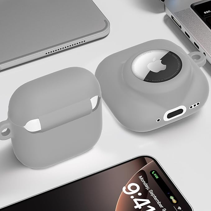 2 in 1 Silicone Case Compatible with AirPod 4 and AirTag, Shockproof Protective Skin Cover for AirPods 4th Generation with Cleaner Kit & Carabiner (Grey)