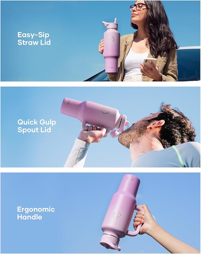 BUZIO 40 oz Water Bottle Fits in Cup Holder, Insulated Tumbler with Handle, Water Flask with Lid for Cold Hot, Sweat-Proof Wide Mouth Travel Mug for Sports, Gradient Purple