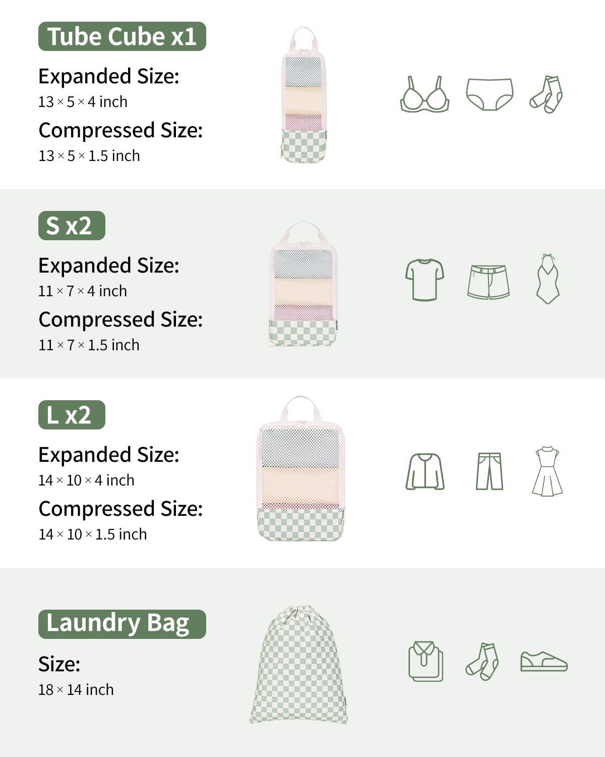 Narwey 6 Set Checkered Compression Packing Cubes for Travel Women Kids Carry on, Cute Packing Organizers Bag for Luggage Suitcase Backpack Duffle Bags (Mint Green Checkerboard)