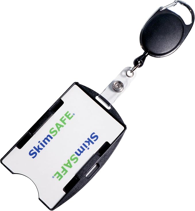 5 Pack - RFID Blocking Badge Holder with Retractable Carabiner Clip Badge Reel - Dual Sided - SkimSAFE Skimming Protection - 2 Card Shield for 13.56MHz Radio Signal by Specialist ID (Black)