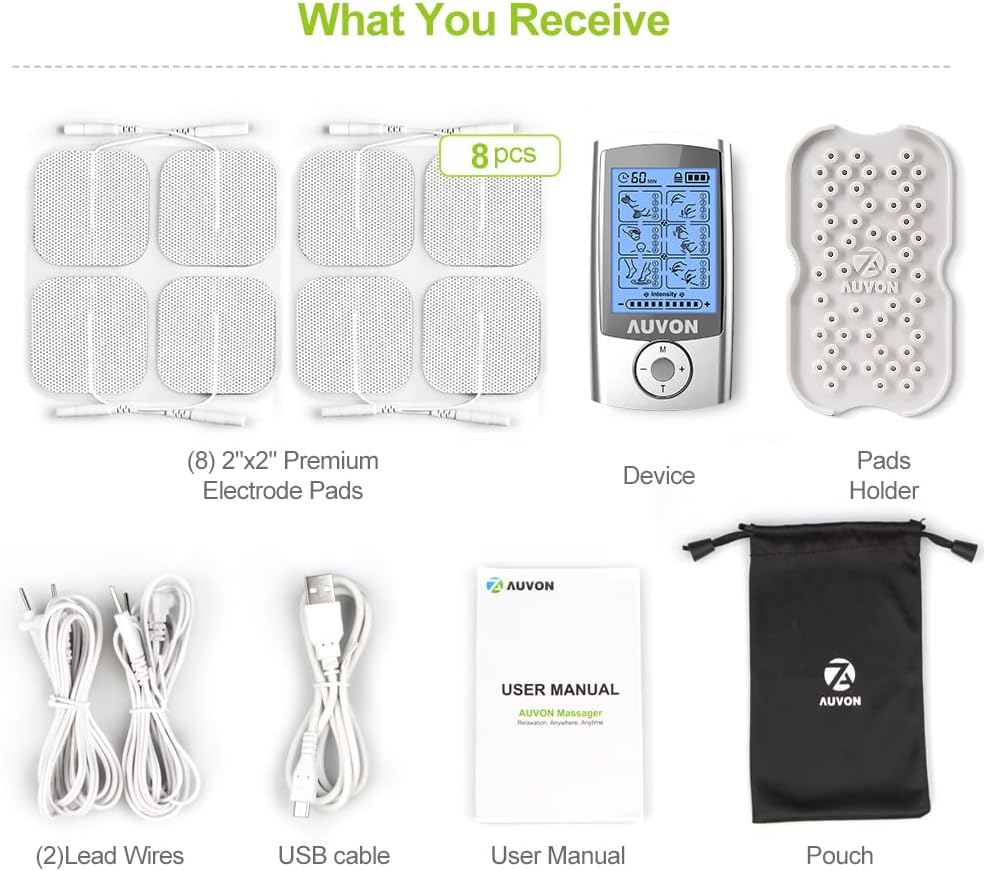AUVON Rechargeable TENS Unit Muscle Stimulator, 24 Modes 4th Gen TENS Machine with 8pcs 2"x2" Premium Electrode Pads for Pain Relief