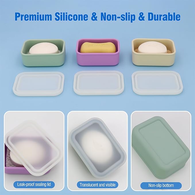 Compact Leakproof Travel Soap Case, Silicone Travel Soap Container, Portable Soap Box with Drainage Layer, Shatterproof Soap Holder for Bathroom, Gym (Pink)