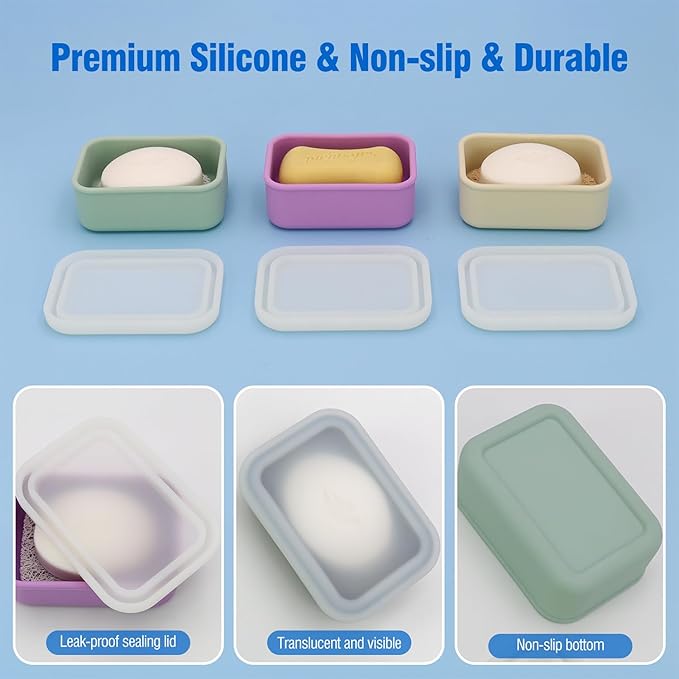 AIMAIMAIMAI Compact Leakproof Travel Soap Case, Silicone Travel Soap Bar Container, Portable Soap Box with Drainage Layer for Camping, Gym (Light Green)