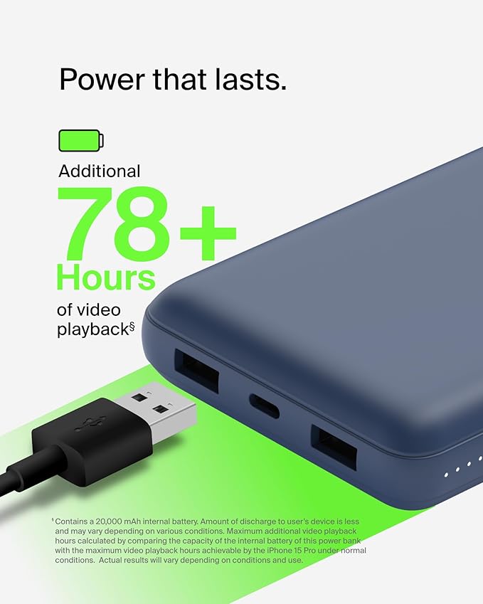 Belkin Portable Charger, USB C Power Bank 20000 mAh w/ 2 USB-A Ports, 15W w/ Type-A to Type-C Cable for iPhone 17, Air, Pro, Pro Max, Samsung Galaxy S25, S24, Google Pixel 10, iPad, etc. - Blue
