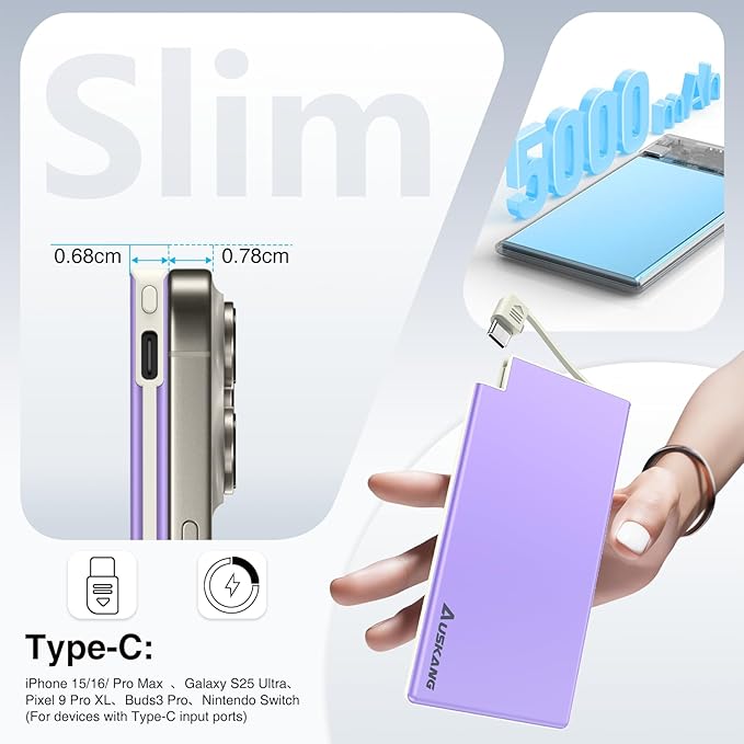 Auskang Purple Slim Power Bank with Built in Cable-5000mAh Thin USB C Portable Charger Compatible with iPhone16 15 Series/Samsung, Google Pixel/Android etc-Thin Battery Pack for Outdoor Travel