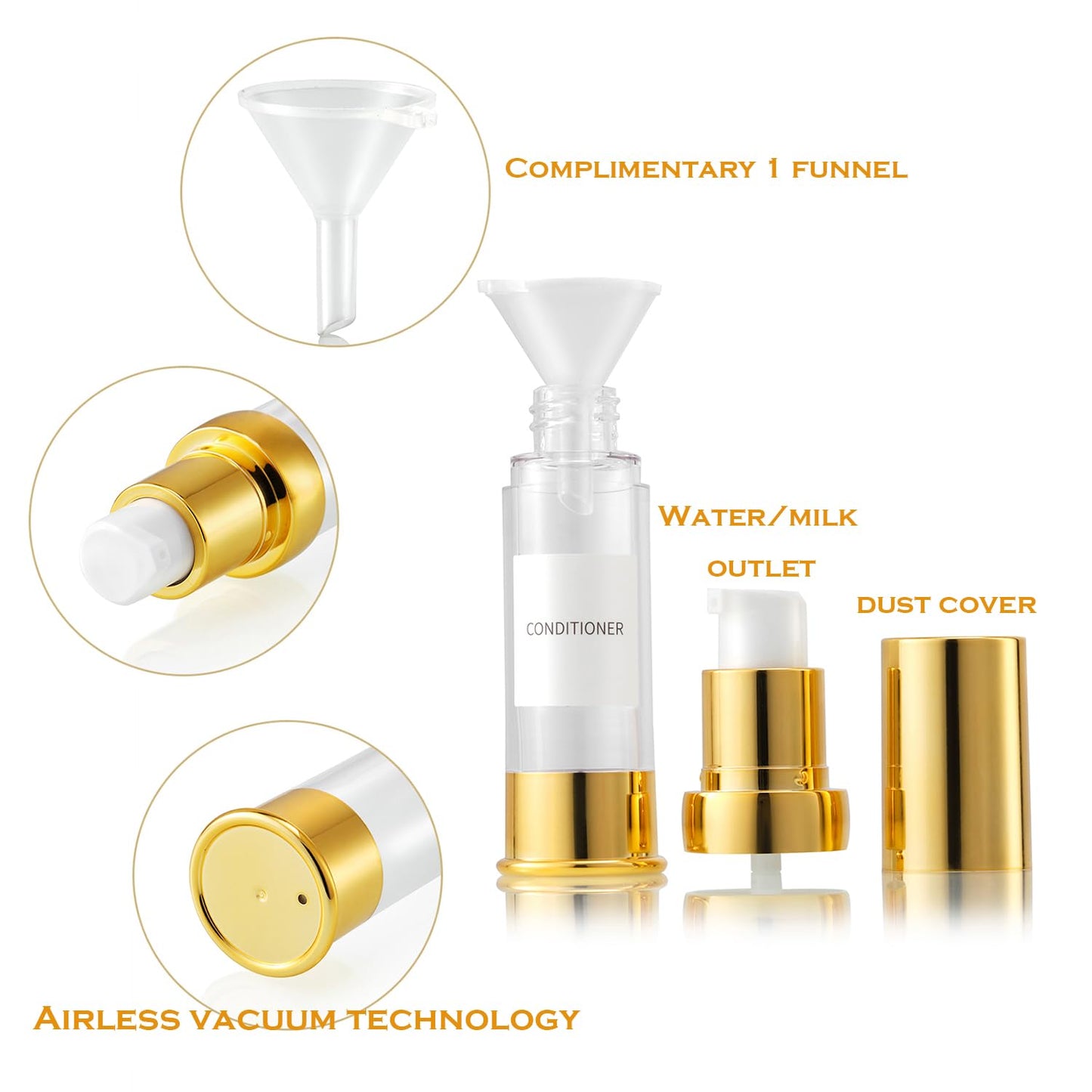 XQNCBY Gold 15ML Airless pump bottle Toiletries Travel Size containers mini makeup bottle Dispenser with Box Reusable empty cosmetic packaging bottles (0.5 oz/15 ml, 4 Packs)