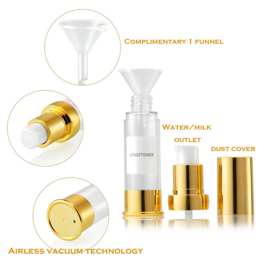 XQNCBY Gold 15ML Airless pump bottle Toiletries Travel Size containers mini makeup bottle Dispenser with Box Reusable empty cosmetic packaging bottles (0.5 oz/15 ml, 4 Packs)
