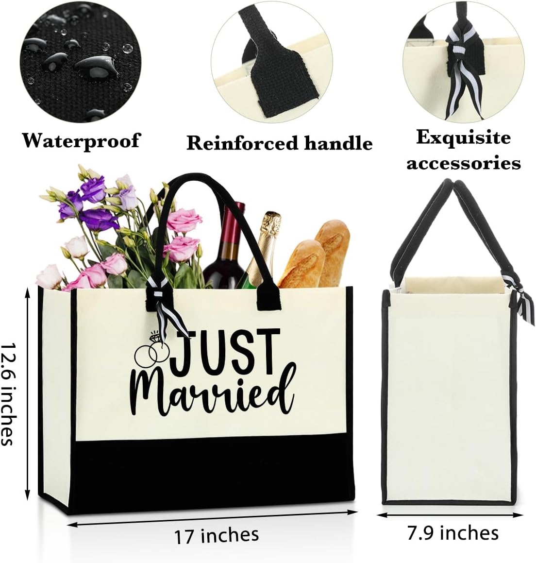 Bride Gifts Just Married Tote Bag, Wedding Bridal Shower Gift,Engagement Gifts for Couples Wife,Bachelorette Party,Honeymoon Essentials, Fiance Newly Engaged Gift Beach Bag Reusable Grocery Bags