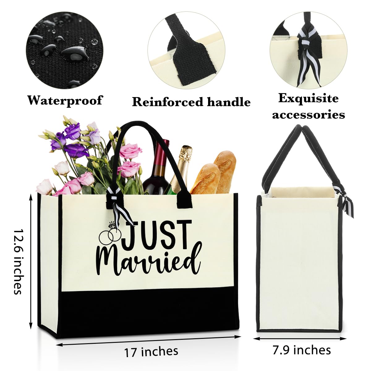 Bride Gifts Just Married Tote Bag, Wedding Bridal Shower Gift,Engagement Gifts for Couples Wife,Bachelorette Party,Honeymoon Essentials, Fiance Newly Engaged Gift Beach Bag Reusable Grocery Bags