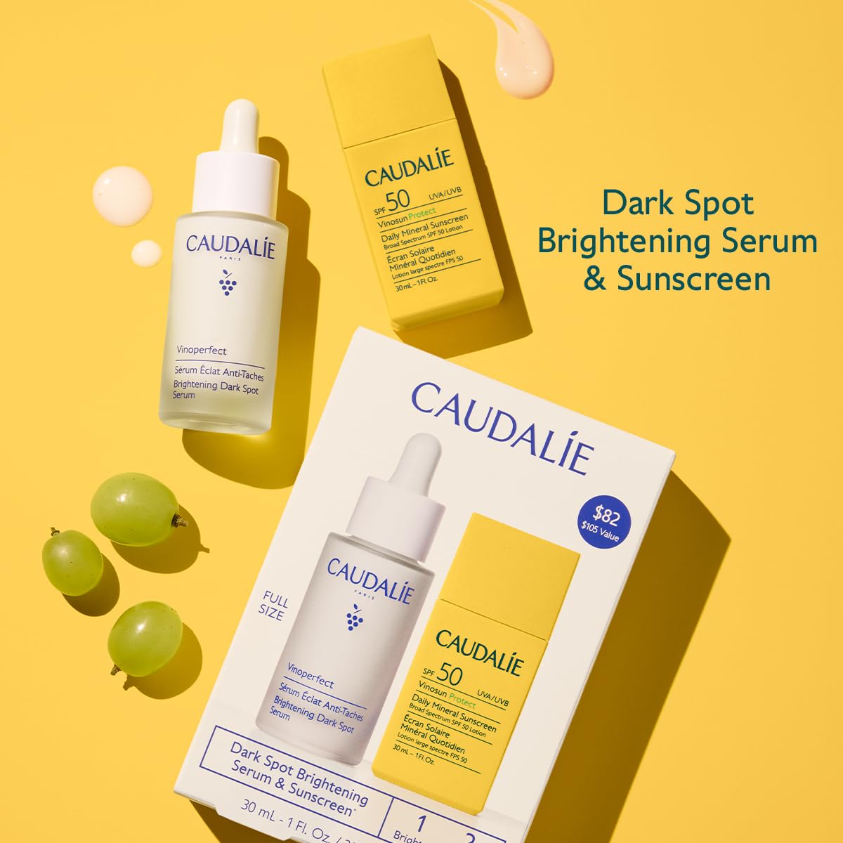 Caudalie Vinoperfect Dark Spot Brightening Serum & Vinosun Daily Mineral Sunscreen for Face, Broad Spectrum SPF 50 Lotion - Skin Care Set