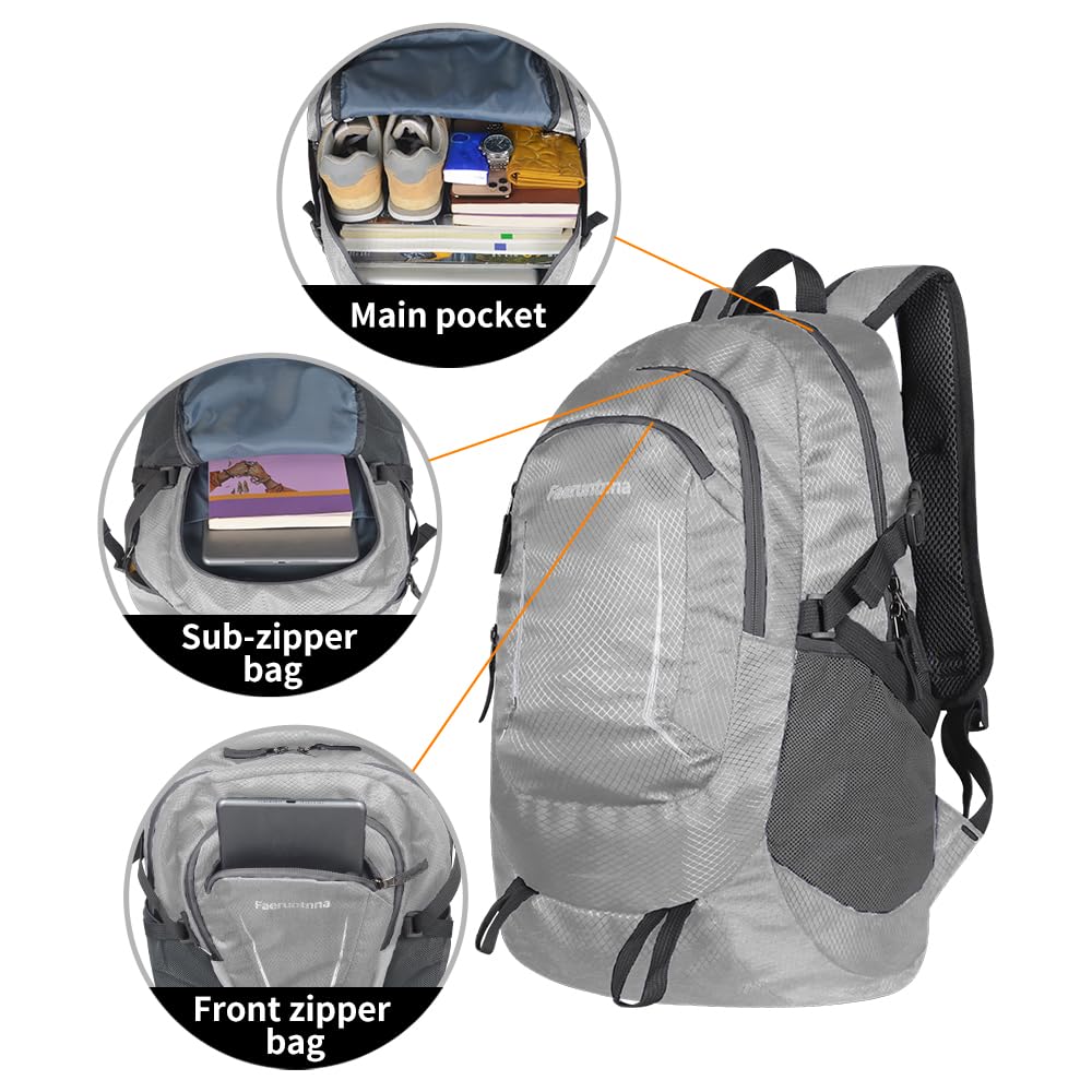 30L Large capacity Lightweight Packable Foldable Backpack，women and men Hiking backpack，Outdoors Travel Backpack (Silver Grey)