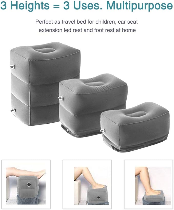 ZIQIAN Inflatable Travel Foot Rest Pillow Portable Adjustable Three Layers Height Foot Stool for Airplanes, Cars, Home, Trains, Office to Lay Down or Sleep on Long Flights with Pump（Gray 1PACK