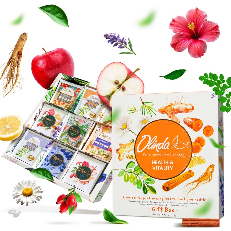 Olinda Health & Vitality Tea Gift Box Tea Samplers Organic Tea Bags Low Caffeine Detox Energy Tea Natural Herbal Gift Set Premium 9 Vareity Pack Individually Wrapped 45 Tea Bags 1 Tea Box Tea Gifts for Women