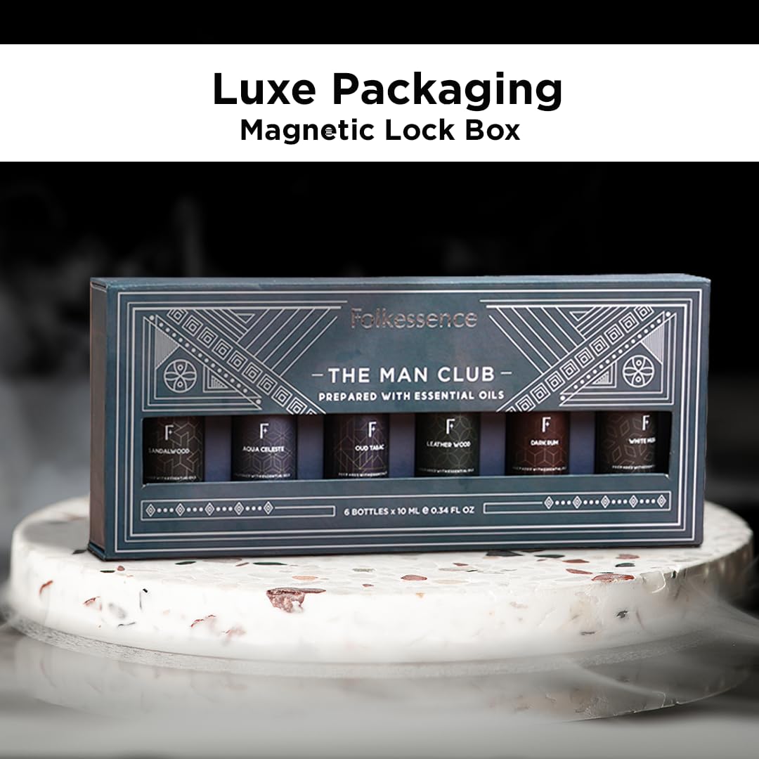 Folkulture Essential Oils Set for Men | Set of 6 (0.34 Fl Oz or 60ml) Diffuser Oils for Home | Oud Tabac, Sandalwood, Leather Wood | Fragrance Oil