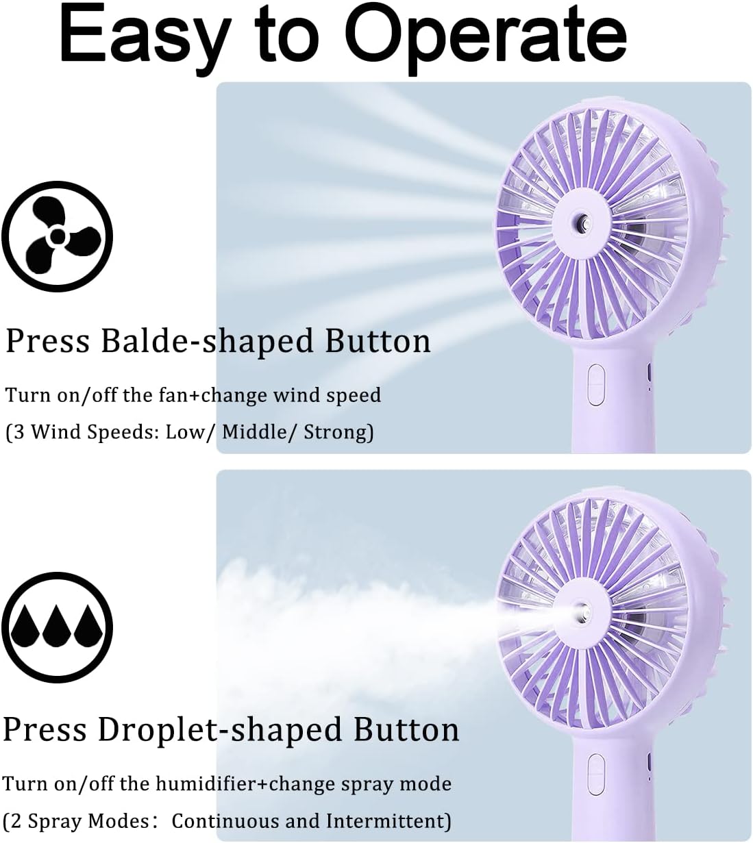 Portable Hand held Misting Fan, Small Personal USB Rechargeable Battery Operated Spray Fan Mister with 20ml Water Tank Mist Lash Quiet 3 Speed Strong Cooling Wind for Travel Office Outdoors purple