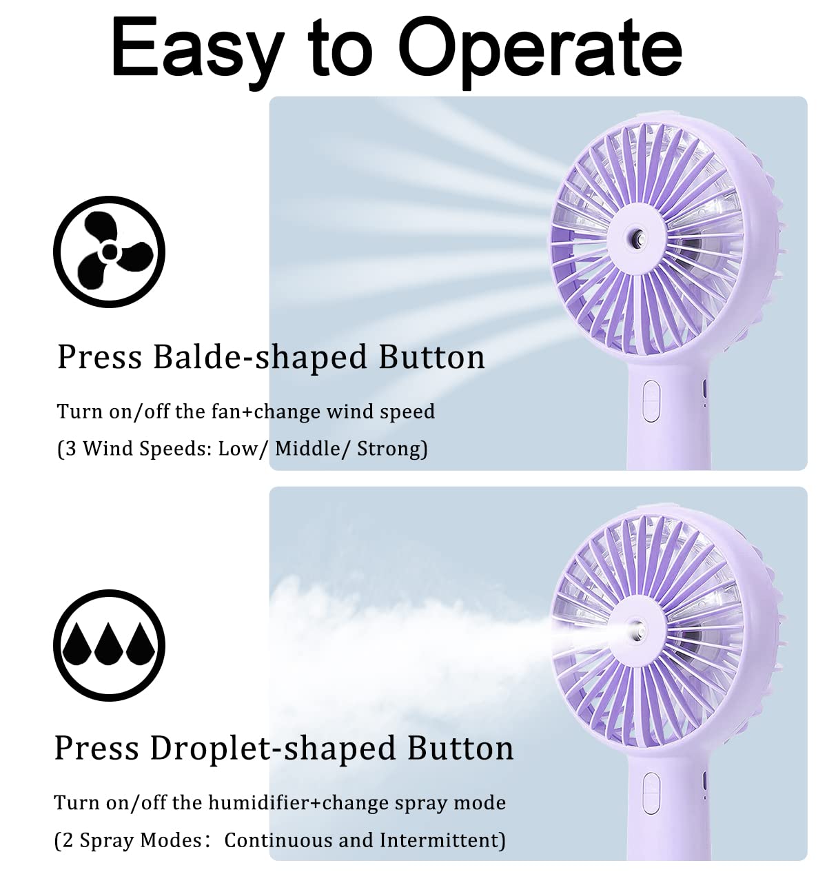 Portable Hand held Misting Fan, Small Personal USB Rechargeable Battery Operated Spray Fan Mister with 20ml Water Tank Mist Lash Quiet 3 Speed Strong Cooling Wind for Travel Office Outdoors purple