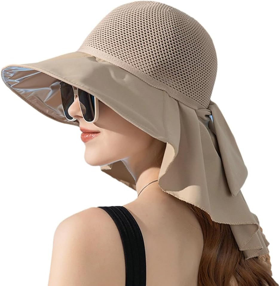Sun Hat for Women UPF 50+ UV Sun Protection Wide Brim Foldable Summer Beach Bucket Cap with Neck Flap Outdoor Khaki