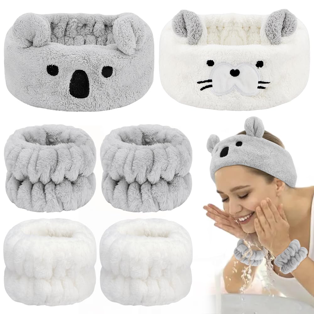 AHONEY Face Wash Headband and Wristband Set, Cute Makeup Spa Skincare Headbands Wrist Bands for Washing Face Headband for Women Girls Elastic Animal Hair Band (White&Grey)