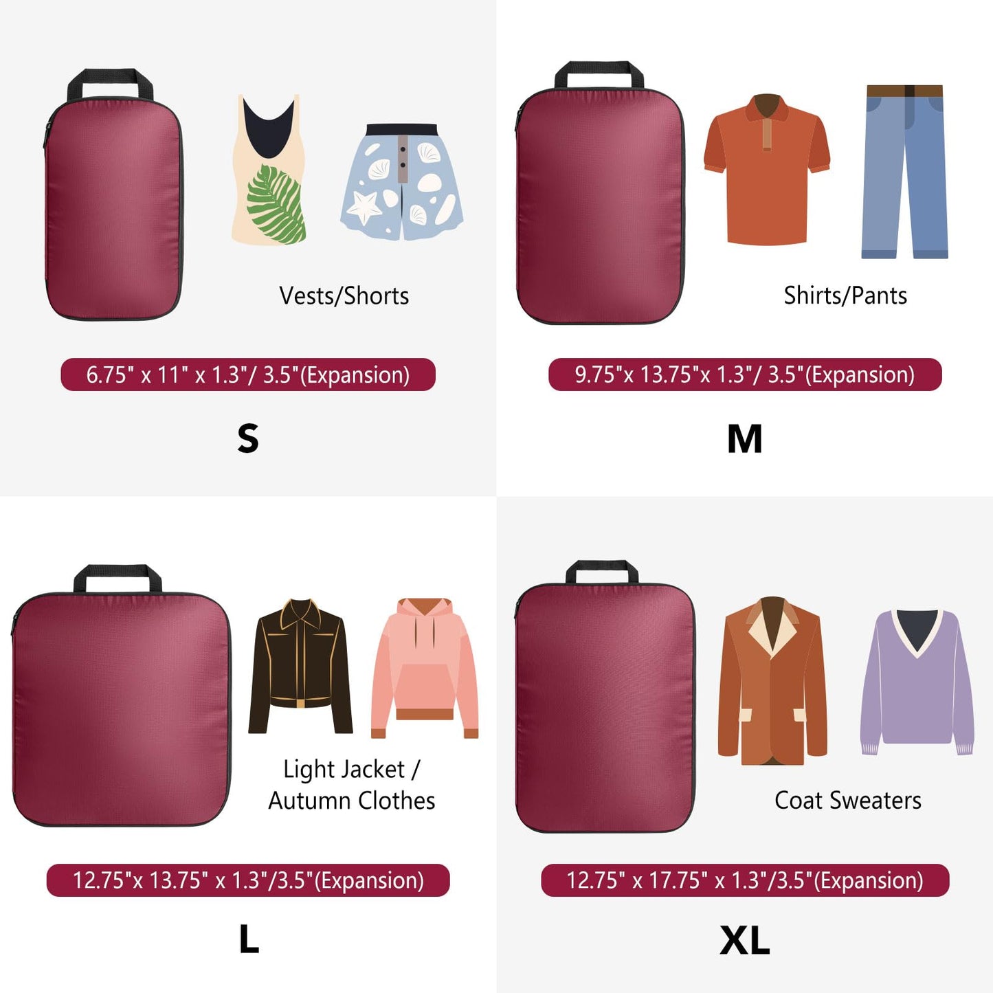 Sowgnaw 4PCS Red Polyester Packing Cubes for Travel, Lightweight Compression Travel Bags - Luggage Suitcase Organizer with Zipper Closure