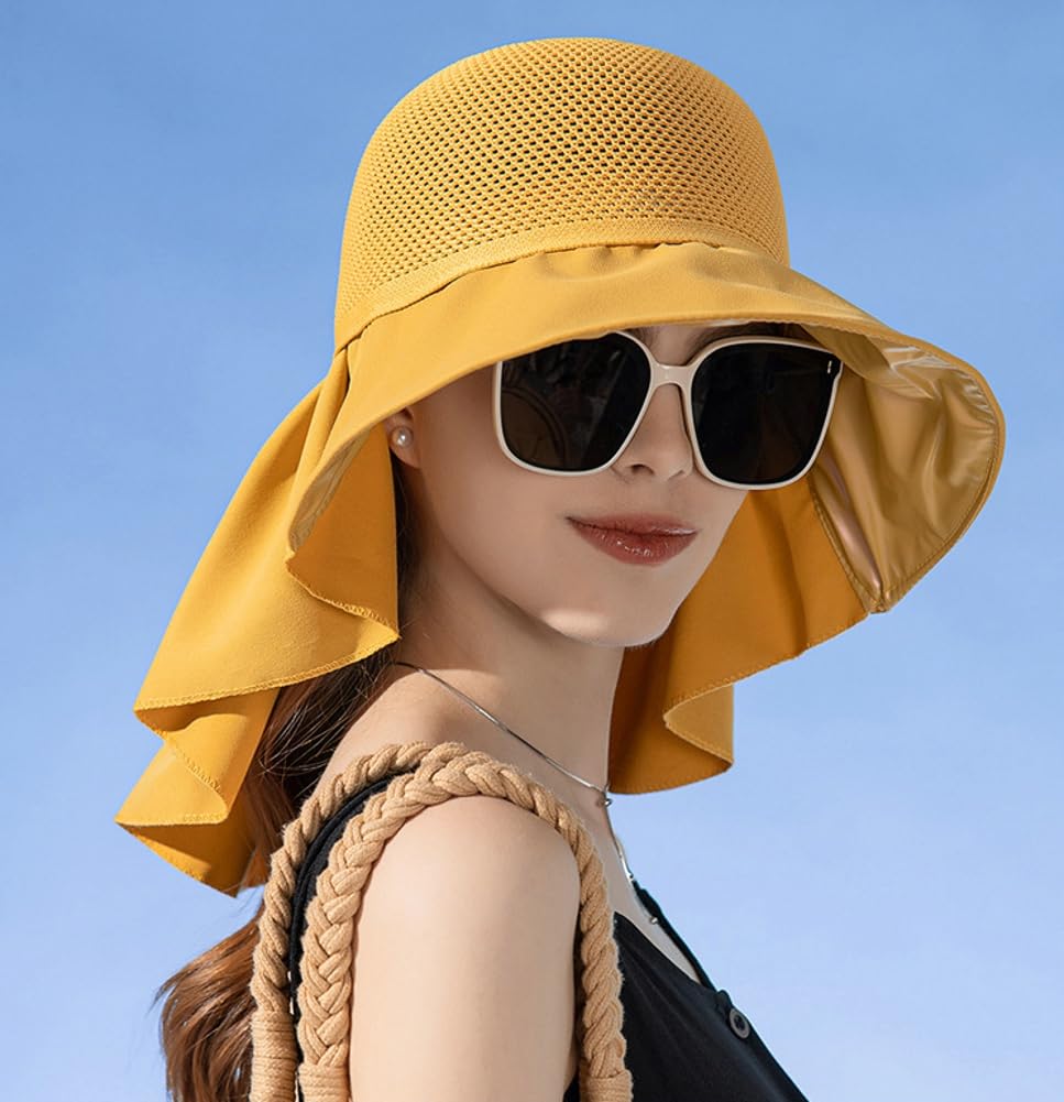 Sun Hat for Women UPF 50+ UV Sun Protection Wide Brim Foldable Summer Beach Bucket Cap with Neck Flap Outdoor Khaki