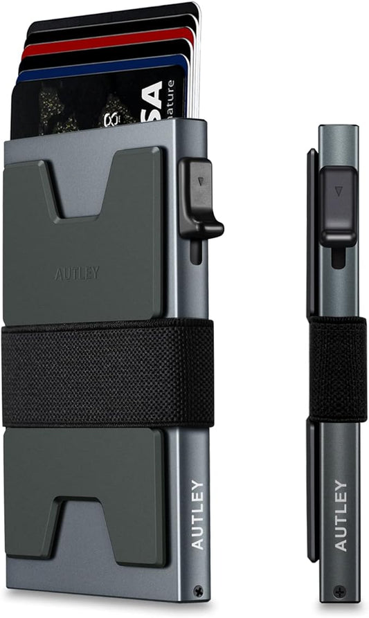 AUTLEY Slim Wallet for Men, RFID Blocking Mens Wallet, Pop Up Credit Card Holder Wallet with Cash Band (Grey)