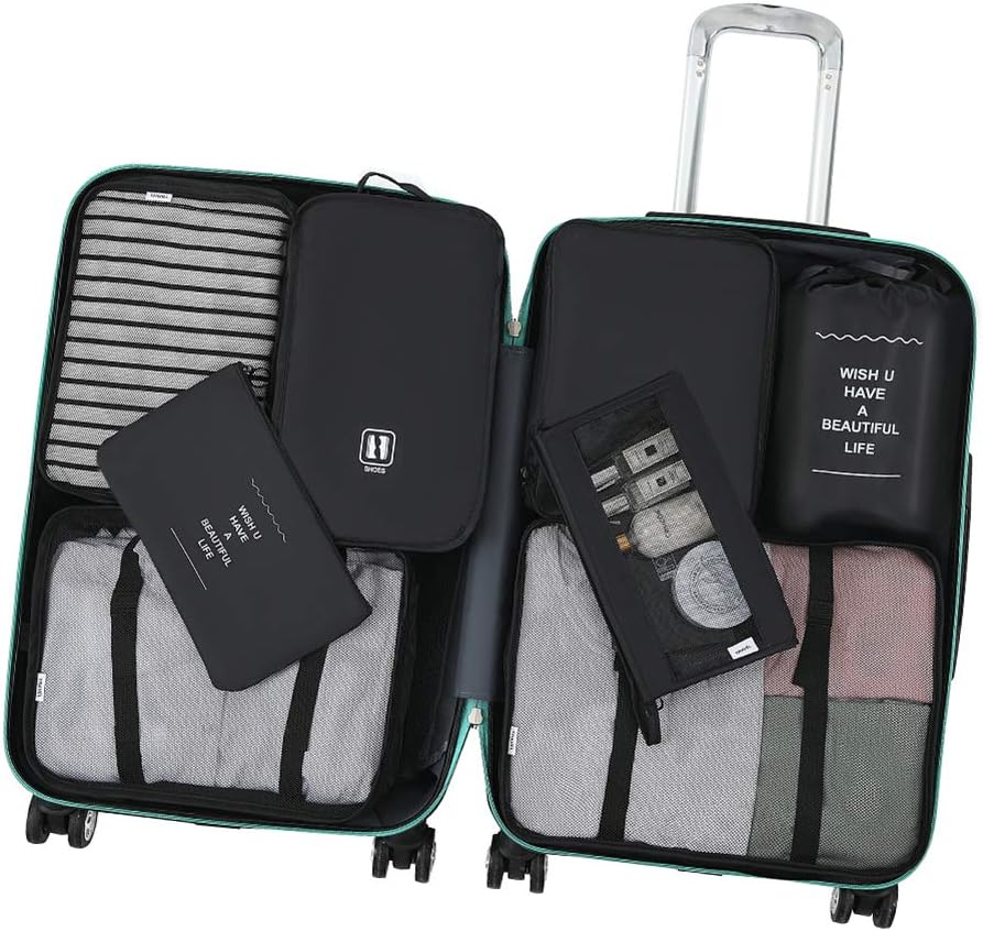 Belsmi 8 Set Packing Cubes with Shoe Bag - Compression Travel Luggage Organizer (Style A - Black)