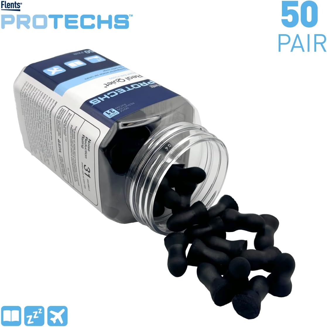 Flents Protechs Real Quiet Foam Ear Plugs for Small Ear Canals, Soft, Comfortable Hearing Protection for Sleep, Work, Travel & Loud Noise, NRR 31, Easy to Use, Black, 50 Pairs