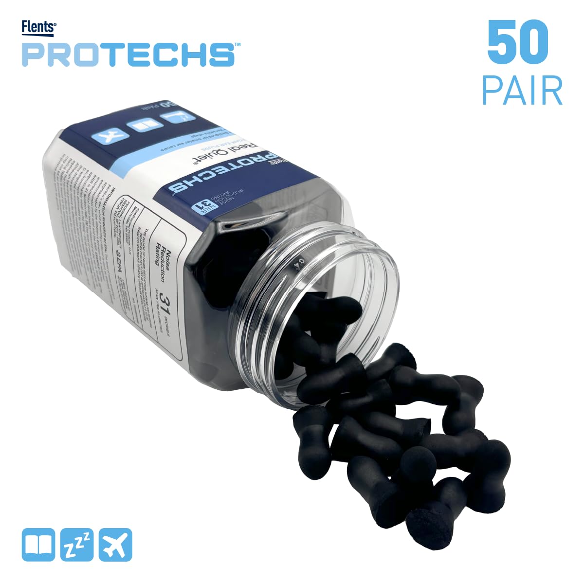 Flents Protechs Real Quiet Foam Ear Plugs for Small Ear Canals, Soft, Comfortable Hearing Protection for Sleep, Work, Travel & Loud Noise, NRR 31, Easy to Use, Black, 50 Pairs