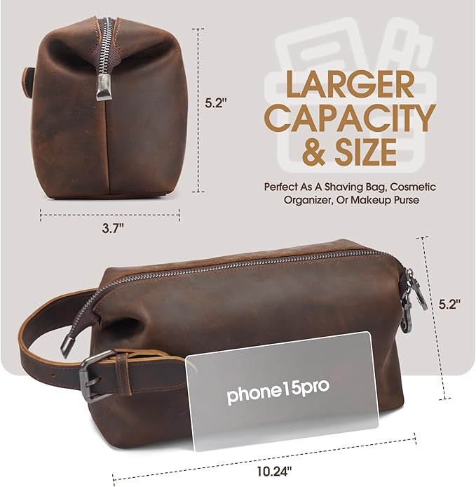 100% Genuine Leather Toiletry Bag for Men - Premium Handmade Crazy Horse Grain Leather - Best Gift for Men- Travel Toiletry Organizer - Shaving Bag for Toiletry Hanging Dopp Kit for Father Husband
