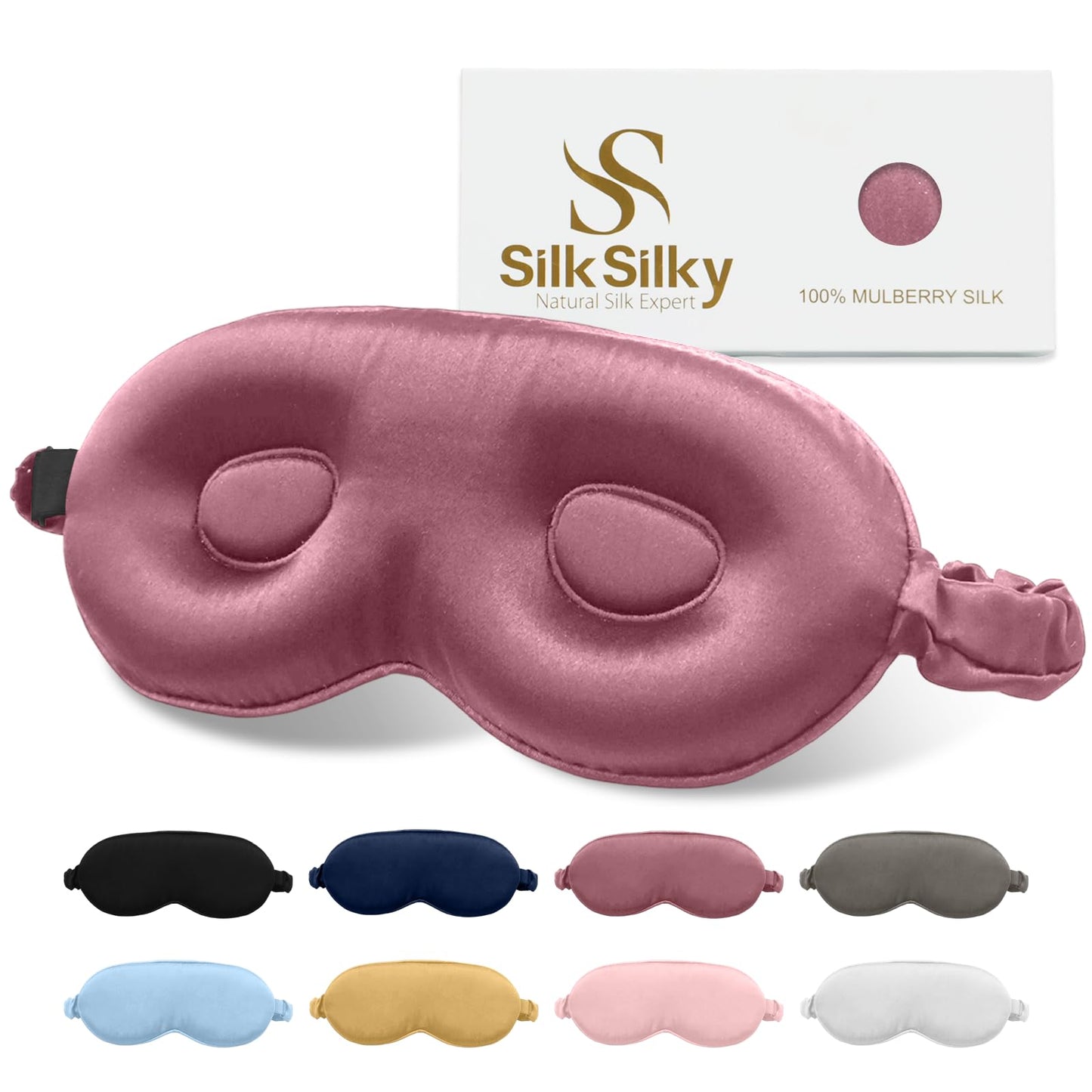 SilkSilky 100% Mulberry Silk Sleep Mask - 22 Momme Grade 6A 3D Contoured Blackout Eye Mask for Women & Men, Adjustable Soft Breathable Eye Covers for Sleeping (Pale Mauve)