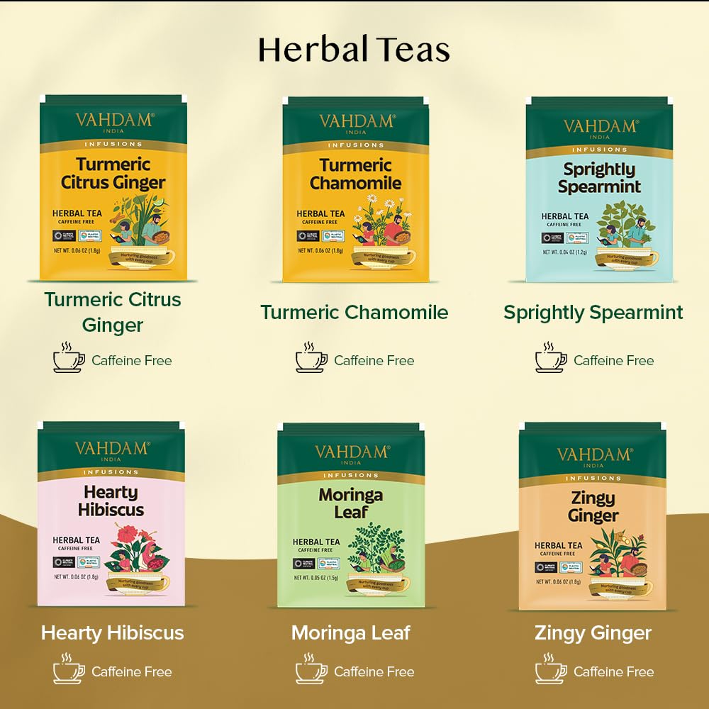 VAHDAM, Herbal Tea Sampler (36 Tea Bags, 6 Flavors) Caffeine-Free, Non-GMO | Assorted Tea Sampler - Turmeric Citrus Ginger, Turmeric Chamomile, Hibiscus, Moringa, Spearmint, Ginger | Gifts for Him/Her