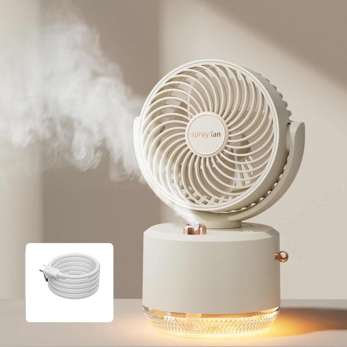 Portable Table Fans, 3 Speeds Air Circulator Fan Low Noise Quiet Desk Fan with Humidifier, Strong Airflow 90°Rotate Cooling Fan with 6 Color Light for Home Bedroom Office (White)