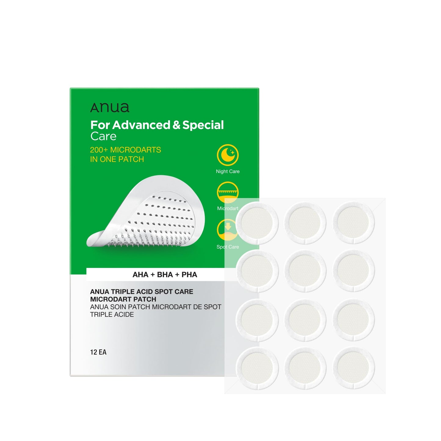 Anua Triple Acid Spot Care Microdart Patch, Deep, Early Stage Spot, 200+ Microdarts with AHA + BHA + PHA, Centella, Hydrocolloid Patch for Overnight, Non-Comedogenic, Korean Skin Care (12ea)
