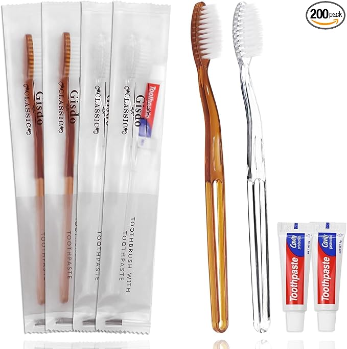 200 Pack Disposable Toothbrushes with Toothpaste Individually Wrapped, Bulk Toothbrushes Toothpaste Travel Toothbrush Kit for Hotel Guest, 2 Colors