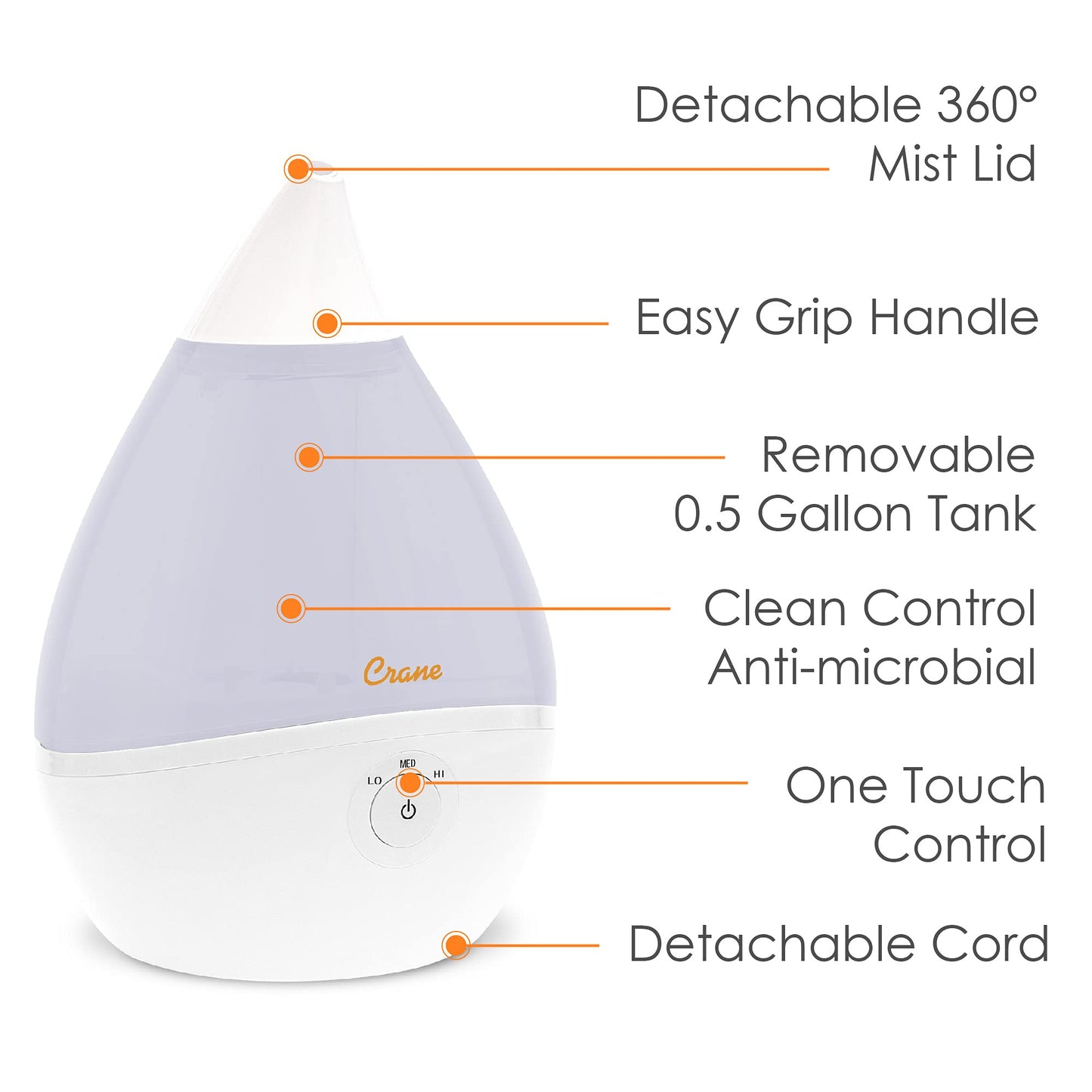Crane Teardrop Ultrasonic Cool Mist Humidifier for Baby Nursery, 0.5 Gallon, Adjustable Settings, Essential Oil Diffuser White