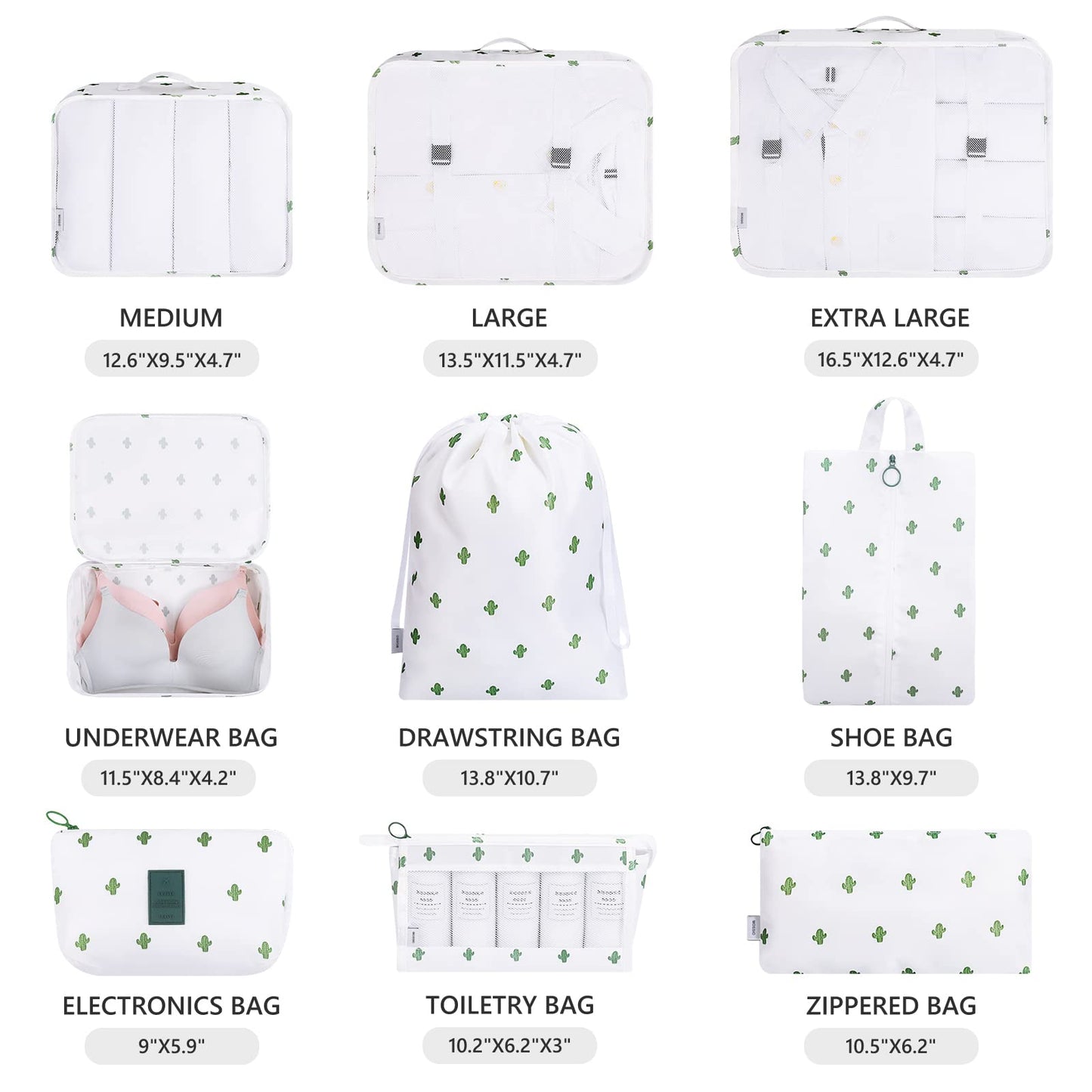 Luggage Cubes, Mossio 9 Set Travel Essentials Backpack Organizer for Women & Men White Cactus
