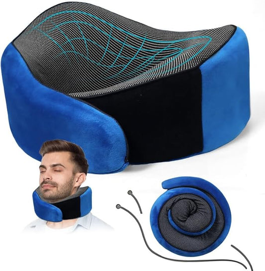 Travel Neck Pillow for Airplanes, 360°Support Neck Pillow for Traveling, Memory Foam Travel Pillows Portable Long Flight Essentials with Washable Cover for Car, Trains, Office (Blue)