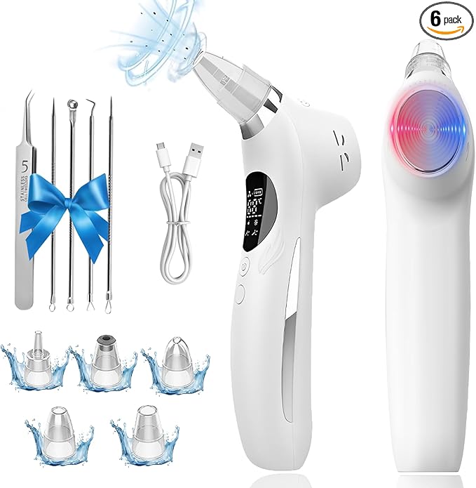 Blackhead Remover Vacuum Face Suction Pore Cleaner with Hot&Cold Compress Positive&Negative Ion Massage Nose Whitehead Remover Pimple Sucker with 5 Probes Pore Extractor Tool… (White)
