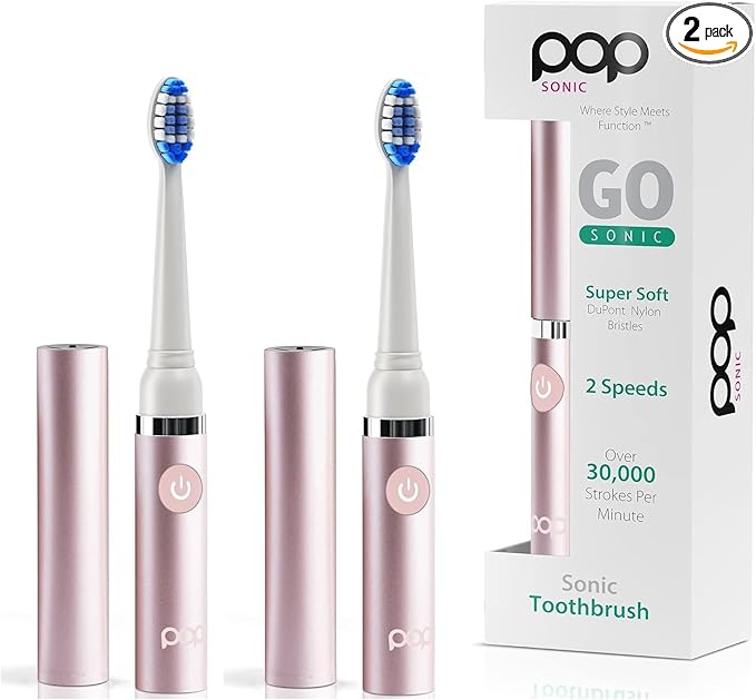2-Pack Pop Sonic Electric Toothbrush (Metallic Rose) - Travel Toothbrushes w/AAA Battery | Kids Electric Toothbrushes with 2 Speed & 15,000-30,000 Strokes/Minute, Dupont Nylon Bristles
