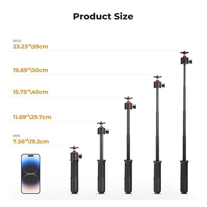 K&F CONCEPT Selfie Stick Tripod, 60cm/23.6" Extendable Ball Head Vlog Selfie Stick Handle for GoPro Hero 13/12/11 Max2 DJI Osmo 360 Pocket 3 Action 5 Pro iPhone 17.
