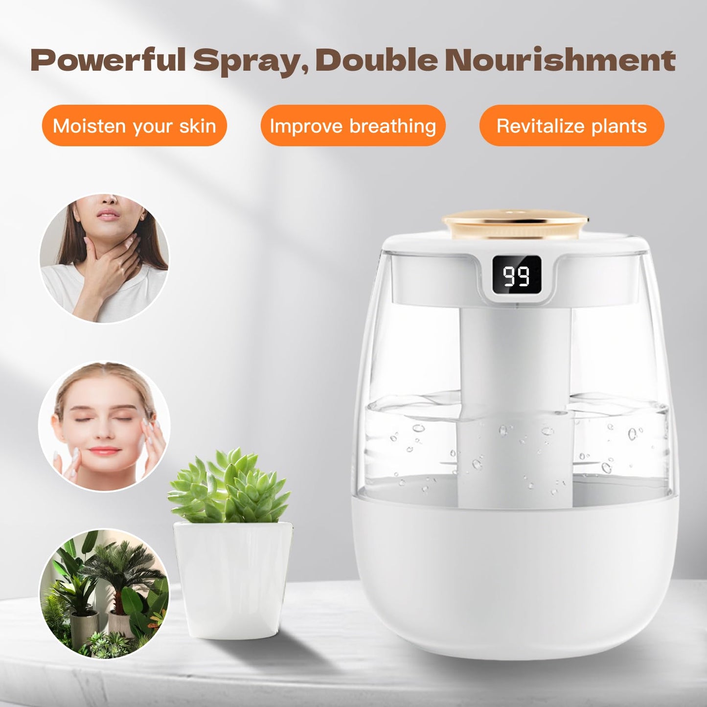 SwiftCool Double Spray Air Humidifier for Bedroom, 2L Quiet Cool Mist Humidifier for Plants Dorm Room Office Home Car Personal Humidificador with Digital Display 3 Mist Modes & Night Light