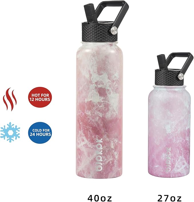 BJPKPK Insulated Water Bottles with Straw Lid, 40oz Stainless Steel Water Bottles with 3 Lids, BPA Free Leakproof Thermo, Tumblers, Cups for Sports, Gym- Blossom