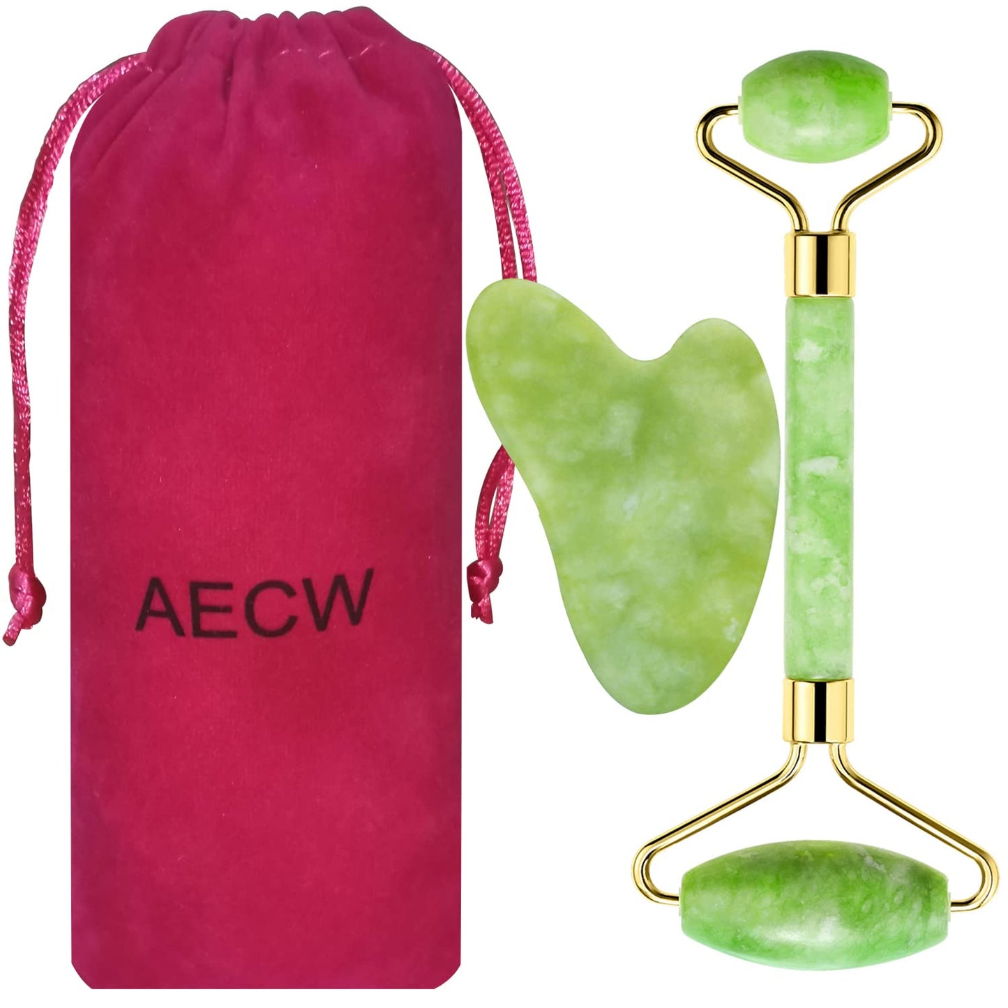 Natural Jade Roller and Gua Sha Set for Face Eyes Tool Jade Facial Roller Noiseless Facial Massage Roller