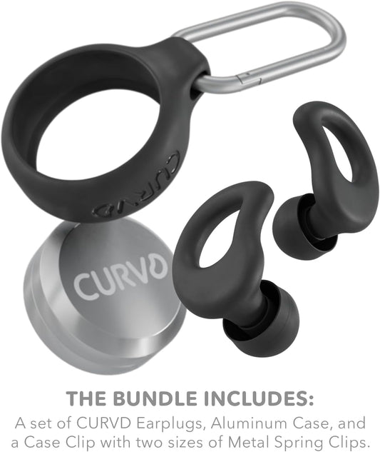 CURVD Everyday Earplugs + Case Clip Bundle, The Perfect earplug for Sleep, Travel, Noise Sensitivity/canceling + Case Clip Package Portable Waterproof Container & Silicone Sleeve for Ear Plugs(Black)